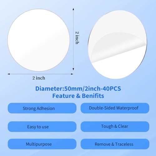 Hecila 40PCS Clear Double Sided Adhesive Pad Heavy Duty Double Sided Adhesive Mounting Circle Tape Waterproof High Strength No Residue Removability Washable Sticky Patch for Craft Wall Mounting Home