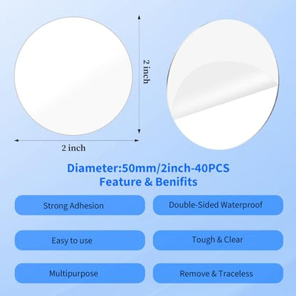 Hecila 40PCS Clear Double Sided Adhesive Pad Heavy Duty Double Sided Adhesive Mounting Circle Tape Waterproof High Strength No Residue Removability Washable Sticky Patch for Craft Wall Mounting Home