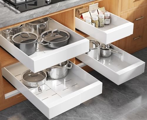 Seinloes 4 Pack Expandable (9"-14") Pull Out Cabinet Organizer 21" Deep With Raising Pad for Framed Cabinets,Upgrade 3 Slide Rails Slide Out Drawers,No Drill Roll Out Shelves Adhesive,White - color: White, size: 21"d X 9"-14"w(4pack)