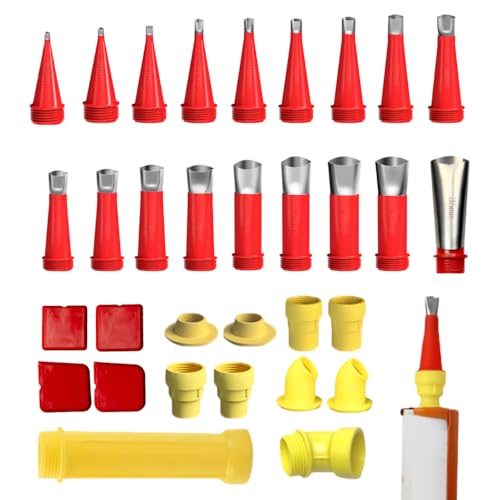 32PCS Stainless Steel Caulk Nozzle Kit - Universal Tips for Construction Adhesive, Silicone & Sealant | 18 Detachable Nozzles + 6 Bases + Angled Tips + Scrapers | Professional Sealant Gun Accessories