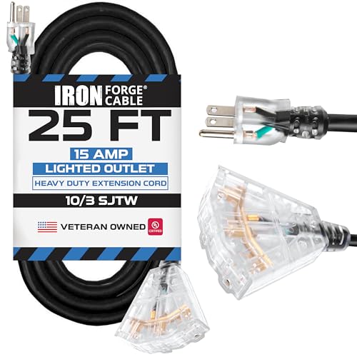 Iron Forge Cable 10 Gauge 25ft Lighted Outdoor Heavy Duty Extension Cord with 3 Outlets - 15 Amp 10/3 SJTW Black Extension Cord with Multiple Outlets - color: Black, size: 25 Foot
