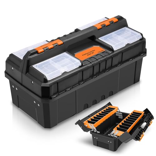 Auto Dynasty Tool Box Set Portable 2-layer Folding Toolbox with Non-slip Handle Tray for Garage, Workshop and On-the-Go Repairs, Orange/Black - color: Orange, size: 2-Layer