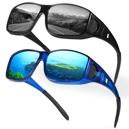 Myiaur Polarized Fit Over Glasses Sunglasses for Men Women, Trendy Wrap Around Sunglasses UV Protection for Driving (2 Pack) - color: A07(2 Pack) Black+transparent Blue/Blue Lens