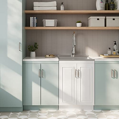 SIMPLIHOME Darwin All-in-One 24 inch Wide Utility Sink and Laundry Cabinet in Pure White Finish, Transitional Stainless Steel Sink Cabinet for Laundry Rooms with High-Arch Chrome Faucet and Storage - size: 24 Inch, style: Stainless Steel Sink