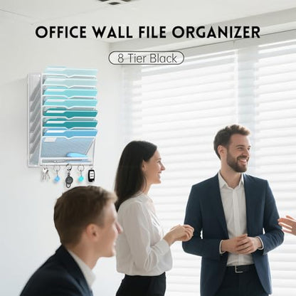 8-Tier Hanging Wall File Organizer with 5 Hooks, Mesh Wall File Holder Vertical Mount Mail Organizer for Papers, Folders, Magazines, Bills, Office and School, White - size: 8 Tier-White