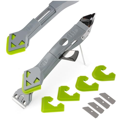 Caulking Silicone Smother Remover Tool, 7-in-1 kit Scraper, Silicone Smoother, Rubber Shovel, 5 Pads, Sickle, 4 Blades. Stainless Steel Nozzle applicator, Tile Grout Removal Set I Green - color: Green