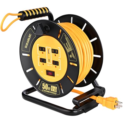 SURAIELEC 50 FT Retractable Extension Cord Reel, 12AWG Heavy Duty Power Cord with Handle Rewind, 4 Grounded Outlets, USB-A & USB-C Ports, 15A Circuit Breaker, ETL Listed for Garage, Workshop, Jobsite - size: 50ft 12awg