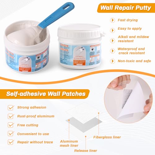 Drywall Repair Kit, Wall Surface Hole Patch Repair Kits with 12OZ White Putty Hole Filler, Fix Wall Surface and Creak Damage with Scraper, Sanding Pad Fill Quick and Easy Solution - color: 12OZ White Wall Repair Putty Patch Kit