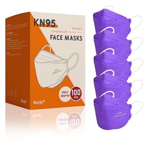 Borje KN95 Face Masks, 100 Pcs Disposable Face Masks, Purple Mask Against PM2.5 from Fire Smoke & Dust Filter Efficiency 95% - color: 100pcs=purple