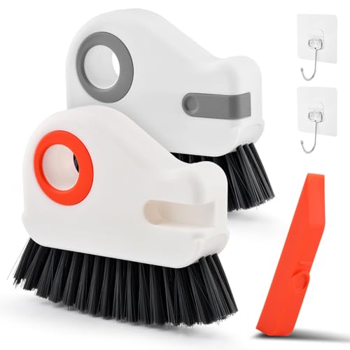 Groove Cleaning Brush 2 in 1 Grout Cleaner Tool Grip Brush, Multifunction Window Track Cleaner with Hard Bristle and Scraper Cleaning Brush for Sliding Door Track, Window(Color:White)