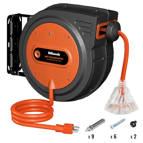 12 Gauge Retractable Extension Cord, 40FT Extension Cord Reel, 12AWG/3C SJTOW Heavy Duty Power Cord, Lighted Triple Tap, 15Amp Circuit Breaker, Wall/Ceiling Mount, ETL Listed, Orange G40ACR06 - color: Orange, size: 40 FT
