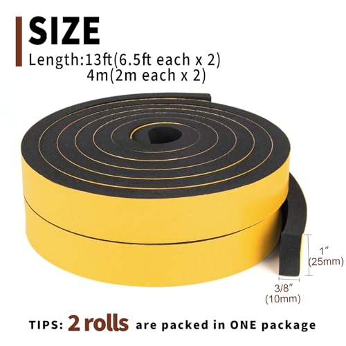 Yotache Foam Strips with Adhesive 2 Rolls 1" W X 3/8" T, (New Adhesive Craft) Black Foam Insulation Weather Stripping Door Seal Tape, 13 Ft Length (2 X 6.5 Ft Each) - size: 1"x3/8"x13 Ft