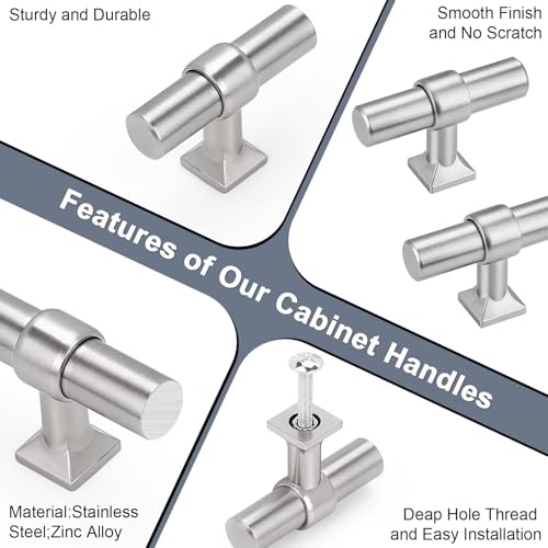 5 Pack Brushed Nickel Kitchen Cabinet Knobs Single Hole Dresser Pulls with Zinc Alloy Base Stainless Steel T Bar Drawer Knob for Bedroom Bathroom - color: Brushed Nickel, size: Single Hole-2inch Length