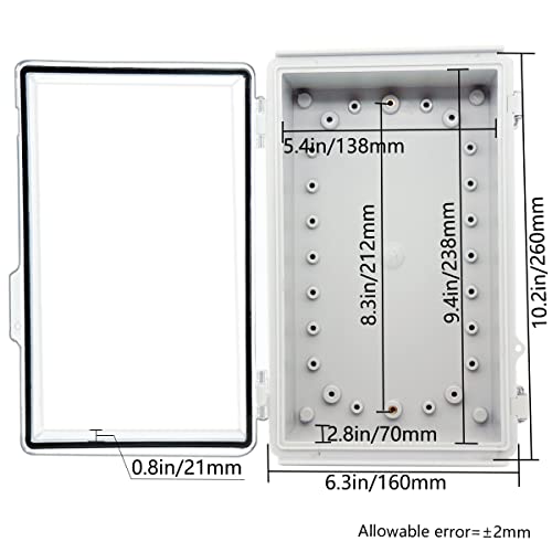 Zulkit Junction Box,IP67 Waterproof Electrical Box Hinged Clear Cover Stainless Steel Buckle Plastic Enclosure for Project w Mounting Plate Wall Bracket and 2 Cable Gland 10.2 x 6.3 x 3.9 Inch - color: Clear Cover, size: 10.2" x 6.3" x 3.9"