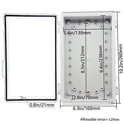 Zulkit Junction Box,IP67 Waterproof Electrical Box Hinged Clear Cover Stainless Steel Buckle Plastic Enclosure for Project w Mounting Plate Wall Bracket and 2 Cable Gland 10.2 x 6.3 x 3.9 Inch - color: Clear Cover, size: 10.2" x 6.3" x 3.9"