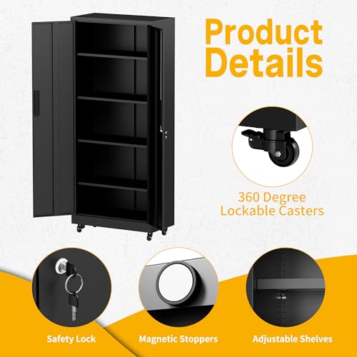 Metal Storage Cabinet with Wheels, 74.5" Garage Storage Cabinet with 4 Adjustable Shelves & Lockable Doors, Heavy Duty Garage Cabinets for Office, Home, Garage, Gym, School - size: 74.5"H x 15.75"D x 31.5"W