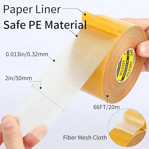 2Pack Double Sided Tape Heavy Duty, 2in x 66FT (132FT Total), Super Sticky Resistente Clear Tape, Universal High Tack Strong Wall Adhesive with Fiberglass Mesh,Easy Use Mounting Tape - size: 2 Pack,Each 2" x 66FT