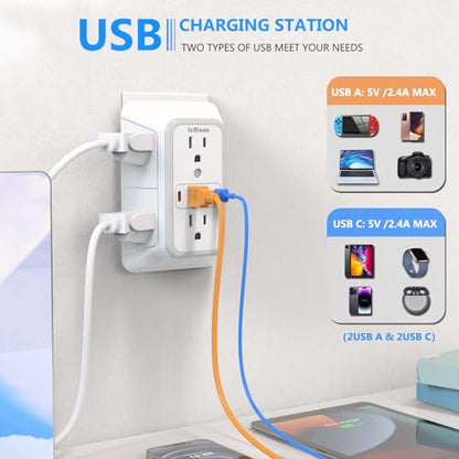 2 Pack Outlet Extender Surge Protector, 6 Outlet Splitter with 4 USB Outlet (2 USB A,2 USB C), 3Sided Power Strip with Adapter Spaced Outlets for Home, Office, Travel(White) - color: White 2PCS