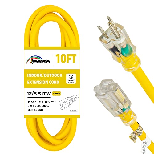 Indoor Outdoor Extension Cord Weatherproof with Lighted End, UL Listed, 12 Gauge 10FT Yellow 3 Prong Heavy Duty, 12/3 SJTW 15A Power Cord for Outdoor Lights, Lawn - size: 10FT, style: 12/3