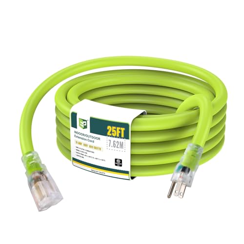 EP 25 Ft Lighted Outdoor Extension Cord - 10/3 SJTW Heavy Duty Green Extension Cable with 3 Prong Grounded Plug for Safety, UL Listed - color: Green, size: 25ft