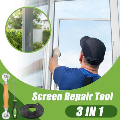 King&Charles Screen Repair Kit/Tool, Screen Roller Tool, Steel Roller with Bear, 32 ft Spline, Removal Hook, 3 in 1 Window Repair Kit, for Installing Door Window Mesh. - size: 3 in 1