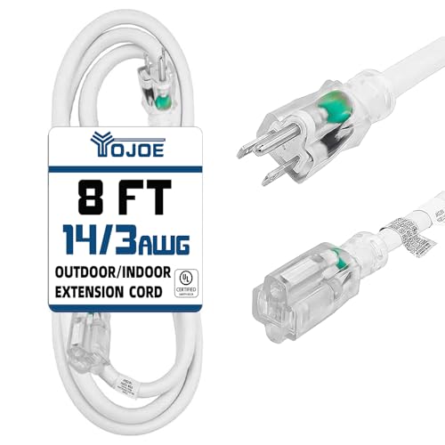 YOJOE Indoor Outdoor Extension Cord with Lighted End, 3 Prong 15A Weatherproof Power Cord, 14 Gauge Heavy Duty 8 ft White Extension Cord for Garage, Garden and Home, 14/3 SJTW UL Listed - color: White, size: 8 Foot