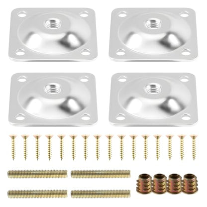 4-Piece Table Leg Mounting Plate, Heavy Duty Steel Table Leg Brackets with M8 Hanger Bolts and Screws, Furniture Hardware Attachment Plates for Sofa Couch and Chair Repair