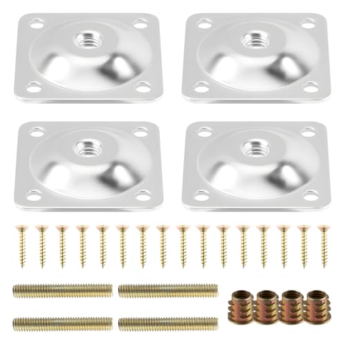 4-Piece Table Leg Mounting Plate, Heavy Duty Steel Table Leg Brackets with M8 Hanger Bolts and Screws, Furniture Hardware Attachment Plates for Sofa Couch and Chair Repair