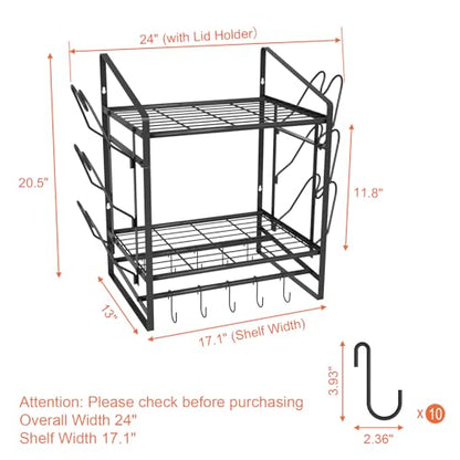VyGrow 17 Inch Pot Rack Wall Mounted, 2 Tier Pots and Pans Organizer with 10 Hooks and 6 Pot Lid Holders, Heavy Duty Steel Pot and Pan Hanger for Kitchen Cookware Utensils Storage 24" Lx13 Wx20.5 H - color: 17"W 2 Tier Black