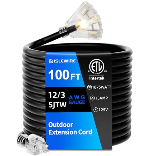 100 FT Outdoor Extension Cord with Multiple Outlets, 12 Gauge Heavy Duty Black Extension Cord Waterproof with 3 Outlet, 3 Prong Power Cord for Garden and Home Use Indicator Light, ETL Listed - color: Black, size: 100ft
