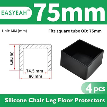 EASYEAH 3"(75 mm) Square Chair Leg Caps, Silicone Chair Leg Floor Protectors, Flexible End Caps, Non-Slip Rubber Chair Feet Covers for Hardwood Floors, Tables & Patio Furniture, Black (4 PCS) - size: 3"(75 mm)