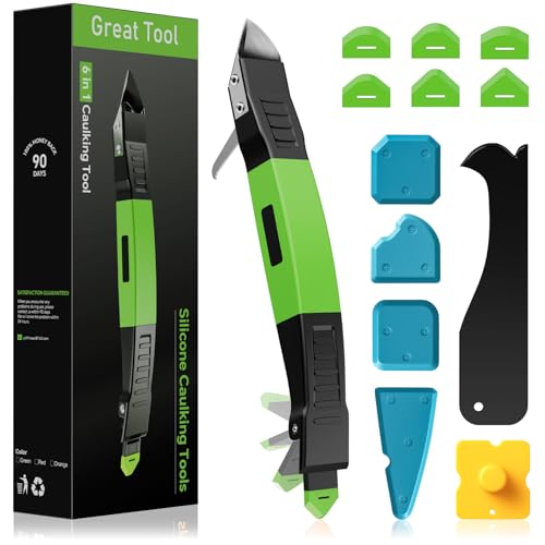 6 in 1 Silicone Caulking Tool Kit with Caulk Grout Remover Tool Sealant Finishing & Smoothing Tool, Grout Scraper, 6 Reusable Pads and Adhesive Residue Scraper for Kitchen Bathroom Tile Sink (Green) - color: Green