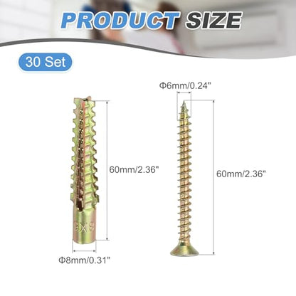 PATIKIL 30 Pcs Drywall Hollow Wall Anchors with Screws 0.24 x 2.36, Steel Dry Wall Anchors Kit for Wooden Concrete Plaster Hinge Hole Repair, Brass (8 x 60mm) - size: 8 x 60mm