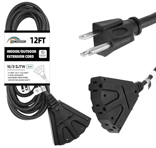 3-Outlets Indoor Outdoor Extension Cord Weatherproof, UL Certified, 16 Gauge 12FT Black 3 Prong Heavy Duty, 16/3 SJTW 13A Power Cord - color: Black, size: 12FT