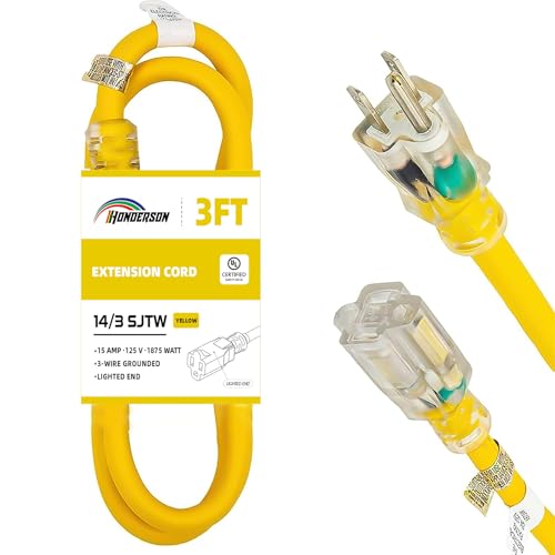 Extension Cord Weatherproof with Lighted End, UL Listed, 14 Gauge 3FT Yellow 3 Prong Heavy Duty, 14/3 SJTW 15A Power Cord for Lights, Lawn - size: 3FT, style: 14/3