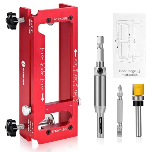 Door Hinge Jig, Aluminum Alloy Mortise Template Kit with Router Bit & Self-Centering Hinge Bit, User Manual for 2.5"-5" Hinges