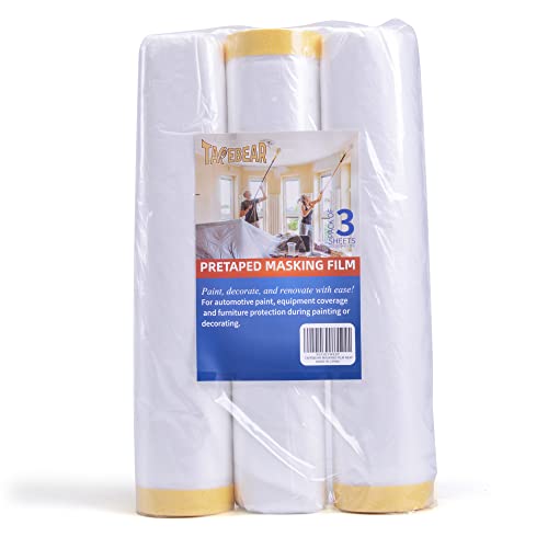 TAPEBEAR Pre-Taped Masking Film, Tape and Drape, Plastic Sheeting Roll, Automotive Painters Masking Tape Film, Plastic Sheeting Cover for Appliance and Furniture, 9feet X 90feet, 2600mmx 27m,3Rolls - size: 2600mm x 27m