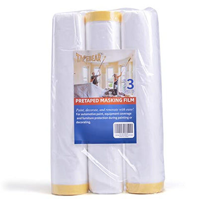 TAPEBEAR Pre-Taped Masking Film, Tape and Drape, Plastic Sheeting Roll, Automotive Painters Masking Tape Film, Plastic Sheeting Cover for Appliance and Furniture, 9feet X 90feet, 2600mmx 27m,3Rolls - size: 2600mm x 27m