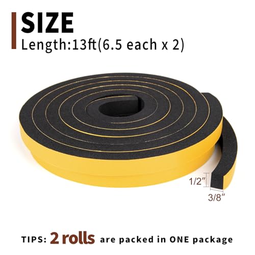 Yotache Foam Tape Weather Stripping for Door 2 Rolls 1/2" W X 3/8" T (New Adhesive Craft), High Density Closed Cell Adhesive Weather Seal Strip Black, 13 Ft Length (2 X 6.5 Ft Each) - size: 1/2"x3/8"x13 Ft