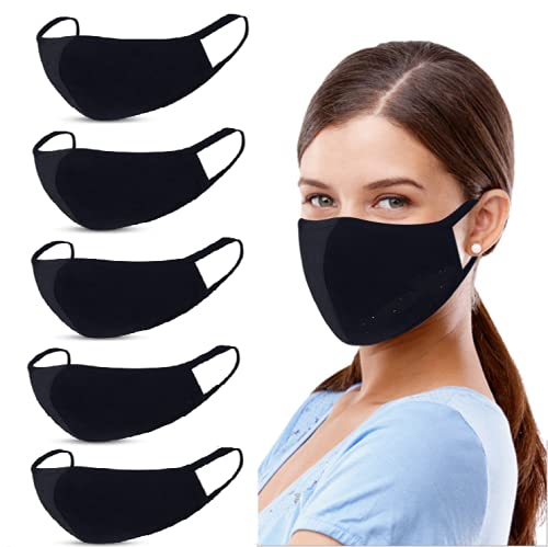 GALAXYLENSE 5 Packs Cotton Washable,Reusable Black Face Mask, Mouth Cover Breathable For Personal Care Protection - color: 5 Packs Black
