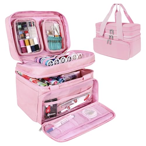 SINGER Sewing Accessories Organizer (Bag Only) – Double Layer Portable Sewing Storage Bag | 2 Detachable Pouches and 18 Compartments, Large Sewing Supplies & Crafting Carry-all (Pink) - color: Pink
