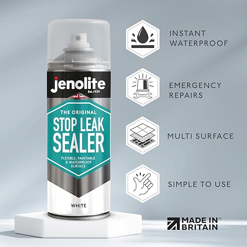 JENOLITE Stop Leak Sealer Spray White 400ml. Waterproof Sealant for Gutters and Flat Roofs. Leak Sealer for Pipe Leaks & Surface Crack, Indoor & Outdoor Repair Spray. Made in Britain - style: White - 400ml (Pack of 1)