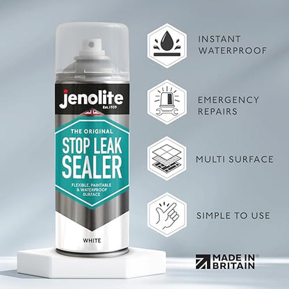JENOLITE Stop Leak Sealer Spray White 400ml. Waterproof Sealant for Gutters and Flat Roofs. Leak Sealer for Pipe Leaks & Surface Crack, Indoor & Outdoor Repair Spray. Made in Britain - style: White - 400ml (Pack of 1)