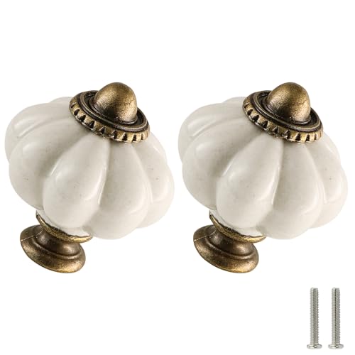Antique White Pumpkin Knobs 2 Pack Ceramic Cabinet Knobs Vintage Drawer Pulls - Antique Dresser Pulls with Screws for Closet Drawer Cupboard Cabinet and DIY Home Project - color: Antique White