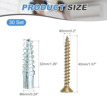 PATIKIL 30 Pcs Drywall Hollow Wall Anchors with Screws 0.2 x 1.57, Steel Dry Wall Anchors Kit for Wooden Concrete Plaster Hinge Hole Repair, Silver (6 x 32mm) - size: 6 x 32mm