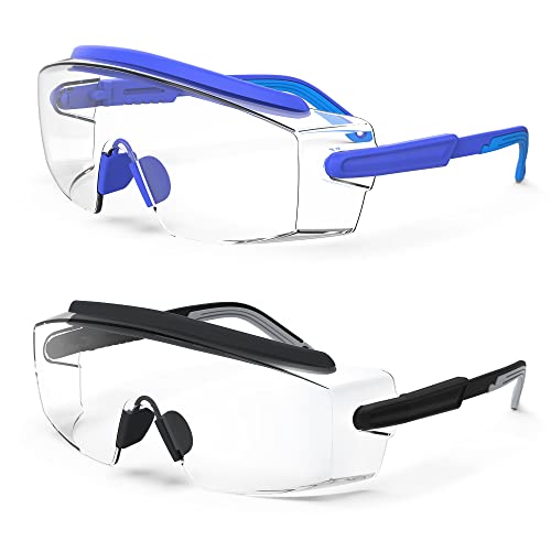 Anti Fog Safety Glasses Safety Goggles Over Glasses Protective Glasses with Anti Scratch Lenses Adjustable - color: 2 Pack (Blue + Black)
