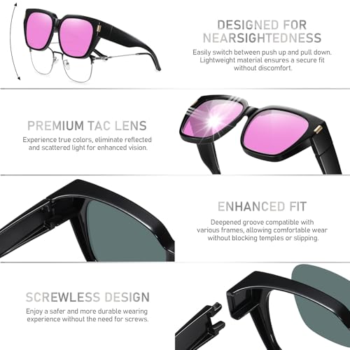 HAOLOTA Polarized Fit Over Glasses Sunglasses for Women Men Trendy Square Wrap Around Shades UV Protection - color: L Size 16 Black/Pink