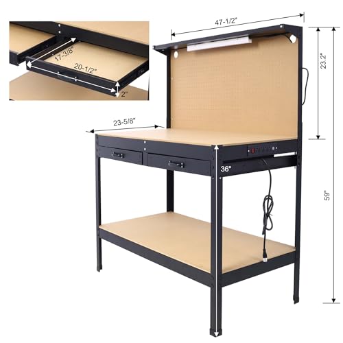 Majnesvon 47" Work Bench, 220 LBS Workbench with Drawers, Tool Bench with 10 Hanging Hooks & Peg Board, Work Benches for Garage (47 INCH) - size: 47 INCH