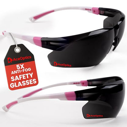 Safety Glasses – ANSI Z87 Certified, 5X Anti-Fog ClearShield™ Lenses with Premium Hard Case & Accessory Bundle - color: Pink & White / Tinted