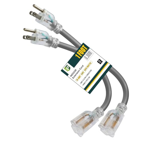 EP 1 Ft Lighted Extension Cord - 12/3 SJTW Heavy Duty Grey Extension Cable with 3 Prong Grounded Plug - Power Cord for Lawn, Garden, Appliances,2PACK - color: Grey, size: 1ft-2PK